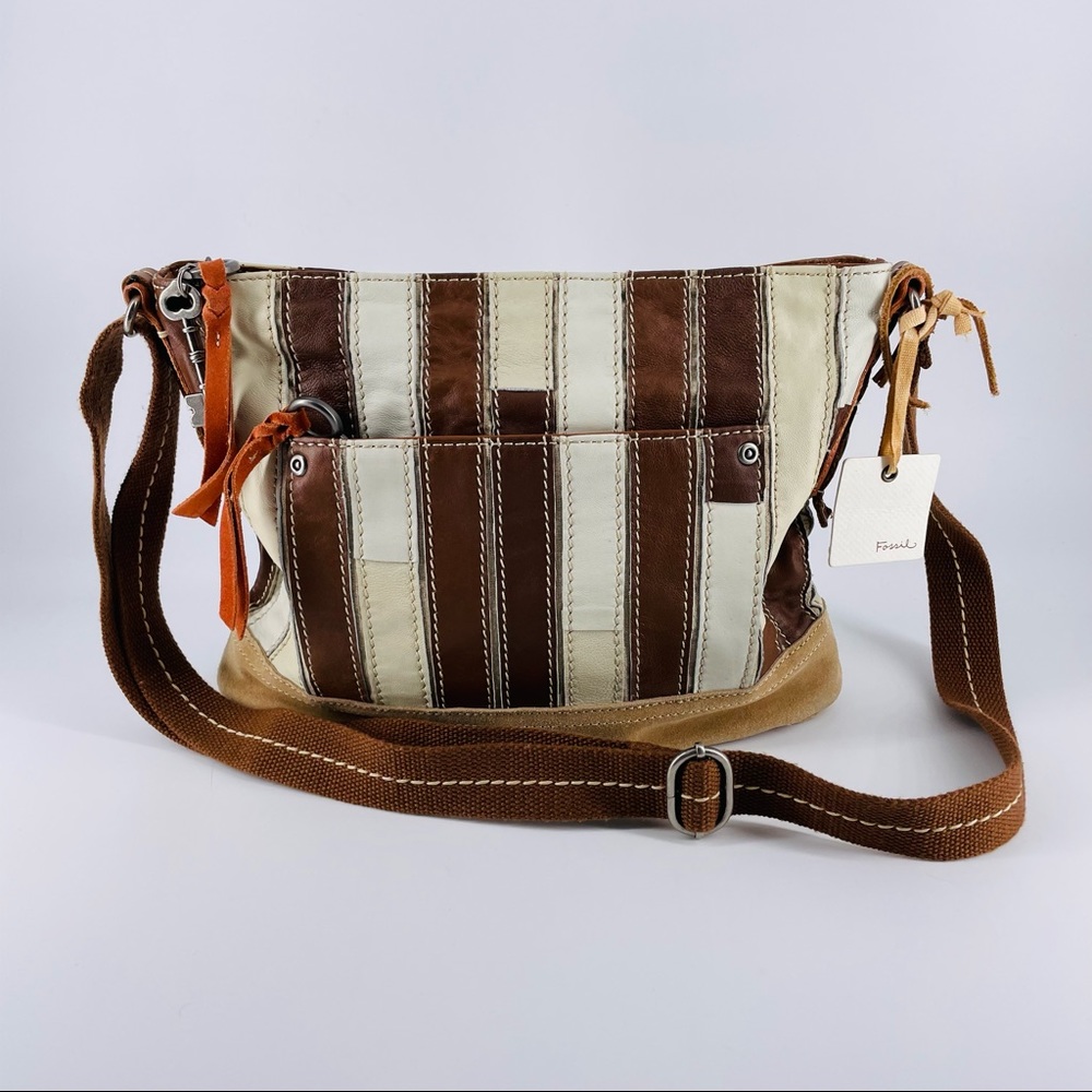 Fossil modern vintage patchwork crossbody boho purse brown/cream w/ green lining